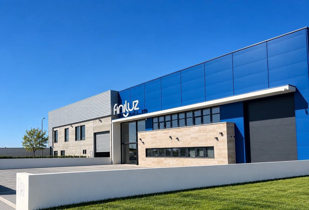Fachada azul das instalações da Finiluz, com o logótipo na entrada, vista do exterior
